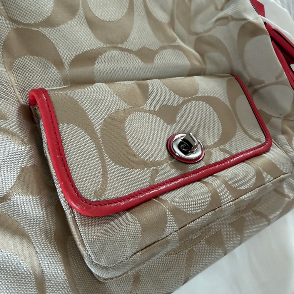 Coach Legacy Signature Khaki and Coral Hobo Bag style 22392 - Picture 3 of 13